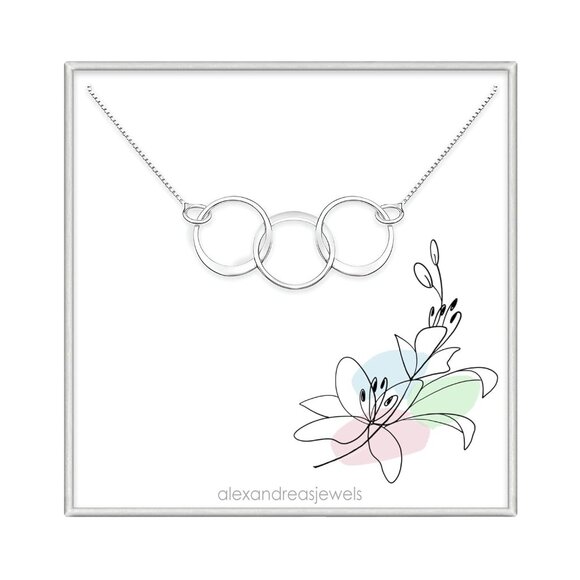 Sterling Silver Three Ring Necklace Interlocking Rings Mothers Womens Gift